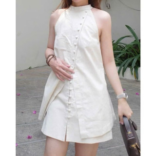 SET ÁO SÁT NÁCH CÚC LỆCH MIX CHÂN VÁY NGẮN NỮ TRẮNG KEM LINEN, BỘ ĐỒ NỮ