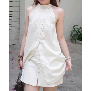 SET ÁO SÁT NÁCH CÚC LỆCH MIX CHÂN VÁY NGẮN NỮ TRẮNG KEM LINEN, BỘ ĐỒ NỮ