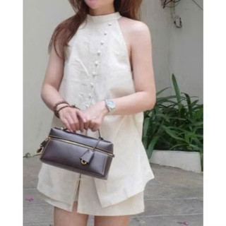 SET ÁO SÁT NÁCH CÚC LỆCH MIX CHÂN VÁY NGẮN NỮ TRẮNG KEM LINEN, BỘ ĐỒ NỮ