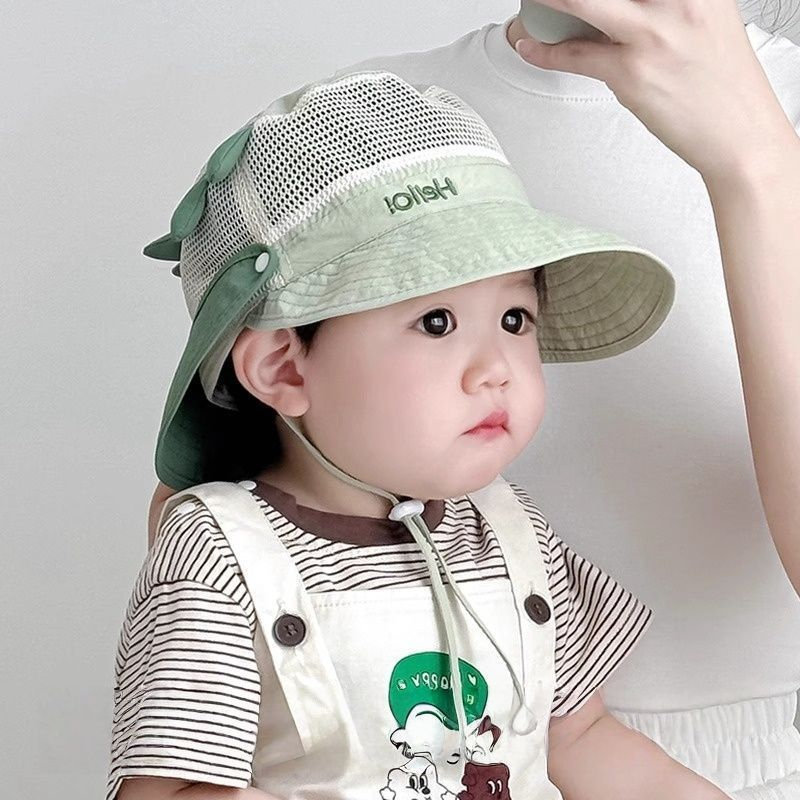 Mũ bé Mũ chống nắng mùa hè Mũ ngư dân Bé trai bé gái Lưới vành lớn Khăn choàng có thể tháo rời Mũ trẻ em