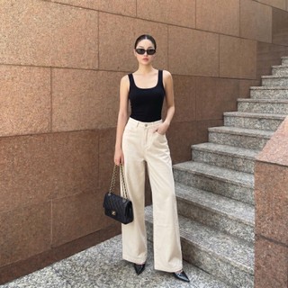 DELIZ - Quần jean nữ ống rộng cạp cao màu trắng trơn dáng suông chất bò cao cấp dày dặn J411 (đã cắt sẵn khuy)
