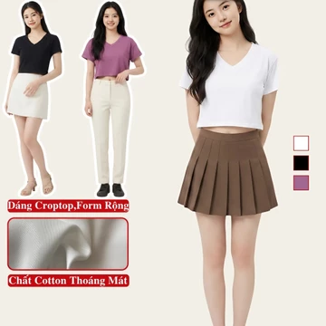 Áo Thun Ngắn Tay Cổ Tim Form Rộng Cổ Tim Form Rộng Nữ Mùa Hè Kiểu Croptop, Áo Croptop Nữ Ngắn Tay Cổ V Form Rộng.