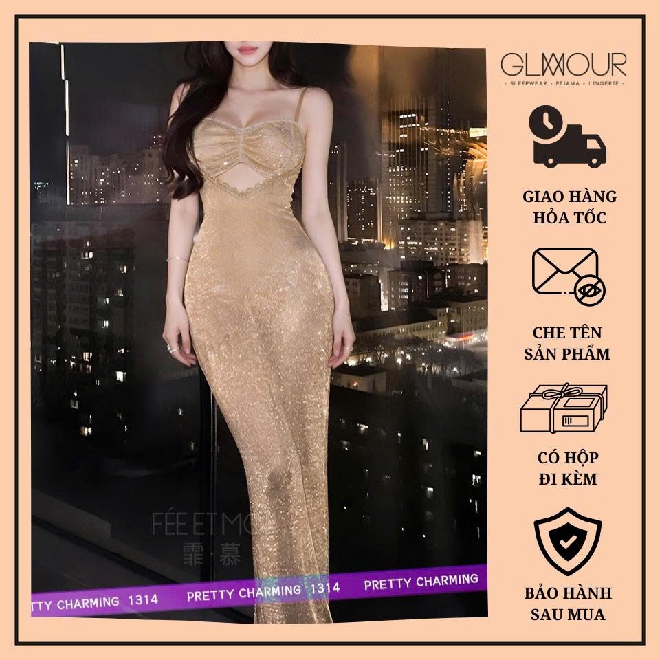 Váy ngủ hai dây lưới mạ gold bling cao cấp Glamour Đầm mặc nhà gợi cảm quyến rũ