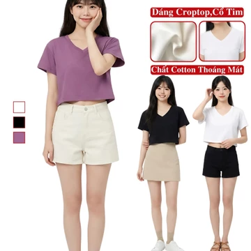 Áo Thun Croptop Nữ Cổ Tim Form Rộng Ngắn Tay Madela Chất Thun Co Giãn Dày Dặn, Croptop Ngắn Tay Cổ V Form Rộng Nữ.