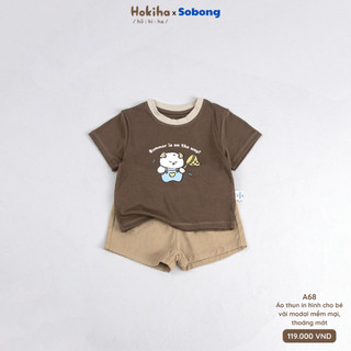 Áo phông phối viền khác màu in hình cho bé Hokiha vải modal mềm mại, thoáng mát size 8-17kg A68