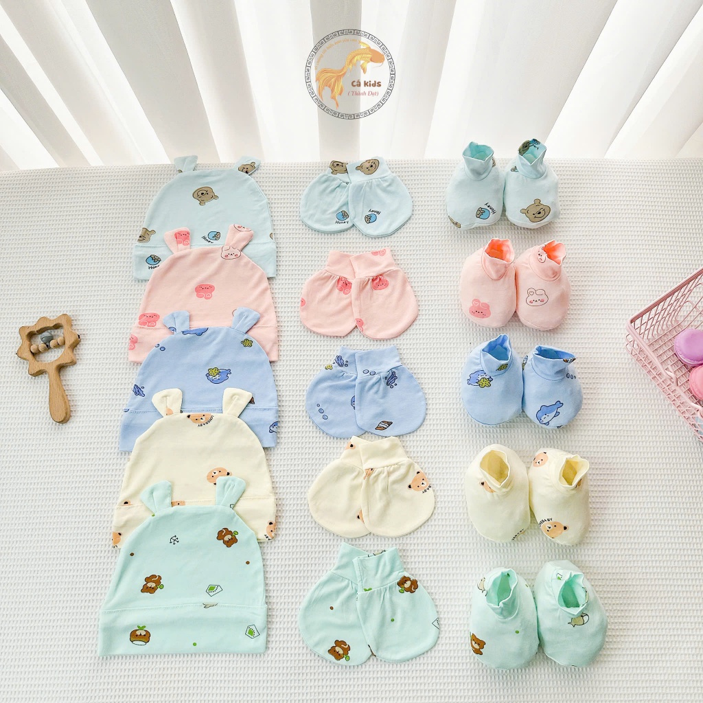 Set Bao Tay Bao Chân Kèm Mũ Tai Gấu Cho Bé Sơ Sinh Pettit Co Giãn Tốt, Giữ Ấm Cho bé, cotton