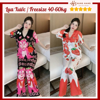 Đồ ngủ nữ 40-60kg, pijama dài cộc tay ngắn cổ nhọn nhún lụa xước mềm mát 60CD17, đồ bộ nữ đồ mặc nhà gấu dâu dễ thương