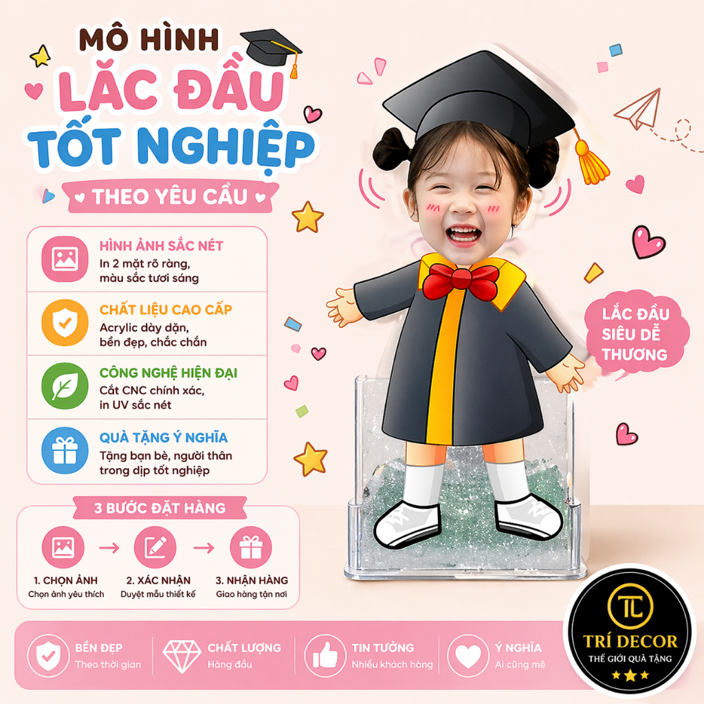( QUÀ TẶNG TỐT NGHIỆP  ) Mô hình standee lắc đầu chạy pin ghép mặt theo yêu cầu chibi cute Trí Decor làm QUÀ SIÊU CUTE