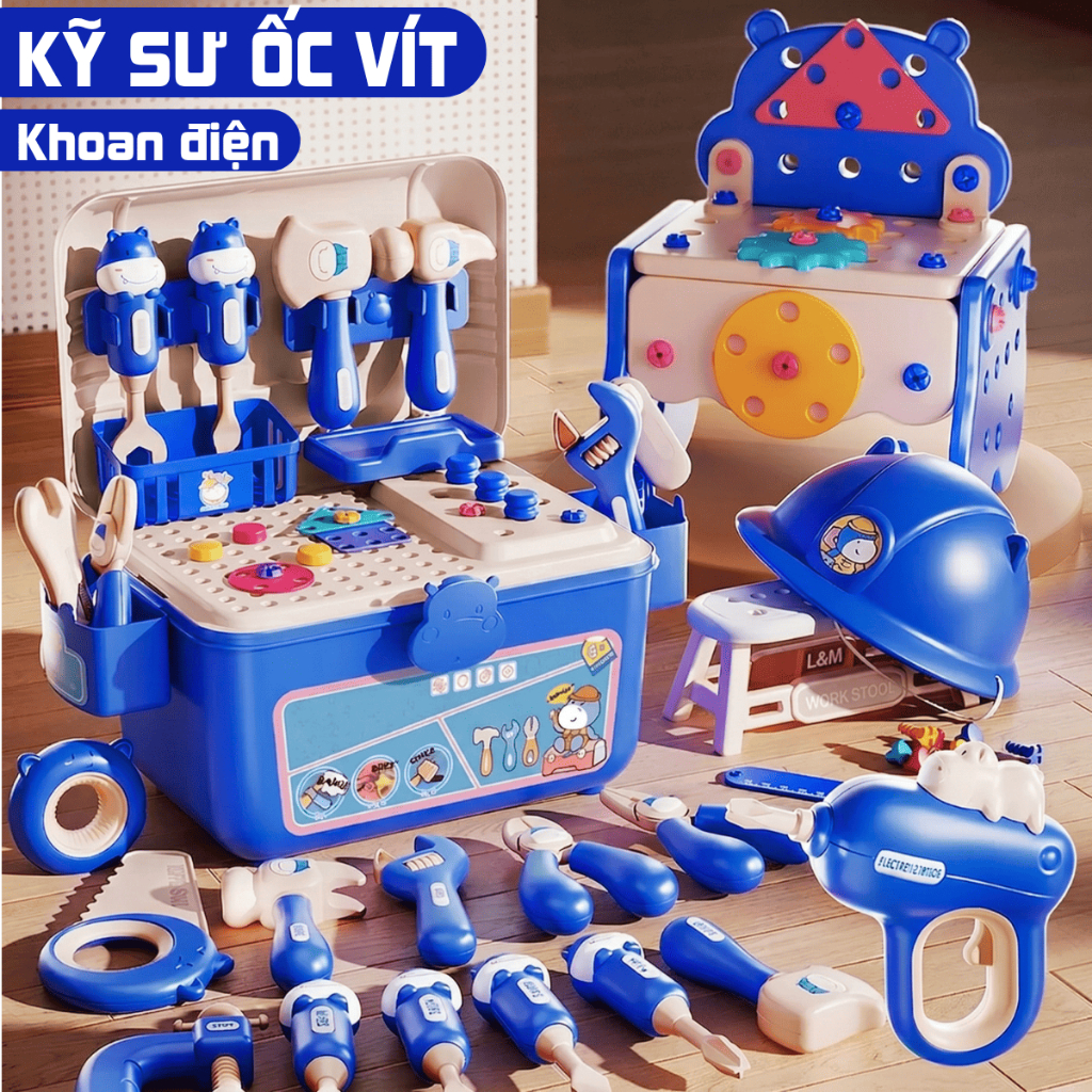 Bộ đồ chơi kỹ sư lắp ráp kèm khoan điện vặn ốc vít, combo hộp dụng cụ sửa chữa kỹ thuật, xếp hình cho bé trai