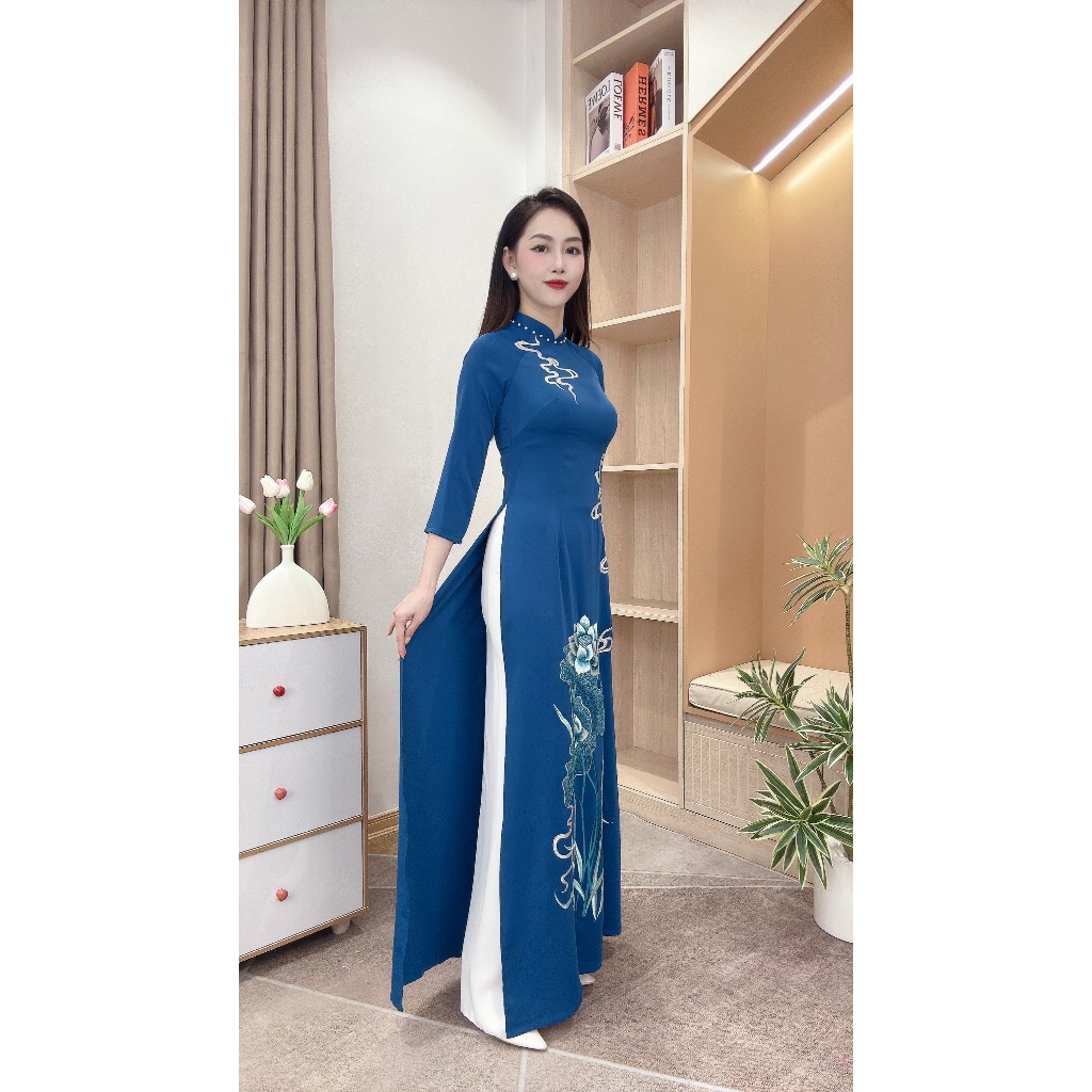 Áo Dài Lụa Mỹ Cao Cấp Họa Tiết Thêu Thủ Công Tỉ Mỉ - Mã M11
