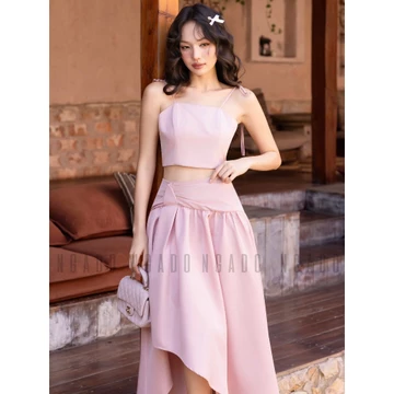 Set áo croptop hồng chân váy đuôi tôm NGADO , set áo váy kiểu , set mùa hè , set đi biển