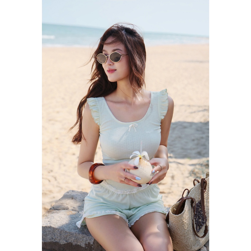 Set bộ hè sát nách cotton phối bèo xinh xắn – Bộ đi biển, Bộ Ngủ nữ dễ thương - BCT01