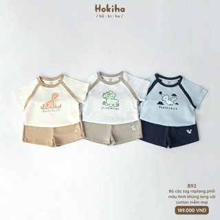 Bộ cộc tay raplang phối màu hình khủng long đáng yêu cho bé trai, bé gái Hokiha vải cotton mềm mại size 8-17kg B92