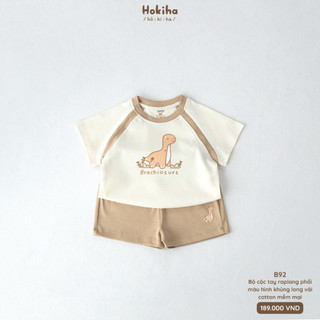 Bộ cộc tay mùa hè may raplang phối màu in hình khủng long đáng yêu cho bé Hokiha vải cotton mềm mại size 8-17kg B92