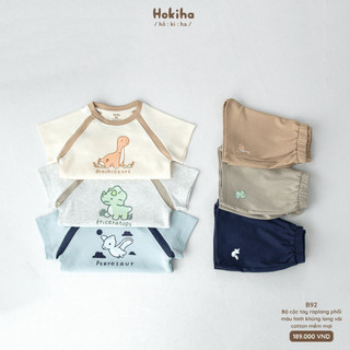 Bộ cộc tay mùa hè may raplang phối màu in hình khủng long đáng yêu cho bé Hokiha vải cotton mềm mại size 8-17kg B92