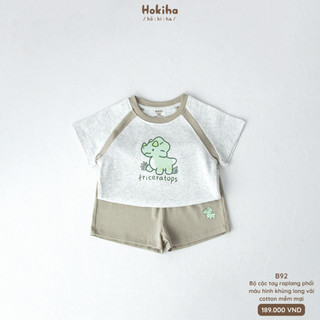 Bộ cộc tay mùa hè may raplang phối màu in hình khủng long đáng yêu cho bé Hokiha vải cotton mềm mại size 8-17kg B92