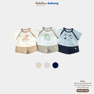 Bộ cộc tay mùa hè may raplang phối màu in hình khủng long đáng yêu cho bé Hokiha vải cotton mềm mại size 8-17kg B92