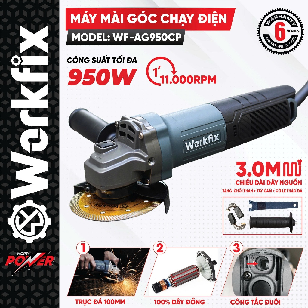 Máy mài cầm tay WORKFIX WF-AG950CP, Công suất 950W, Công tắc đuôi, Kèm 1 cặp chổi than