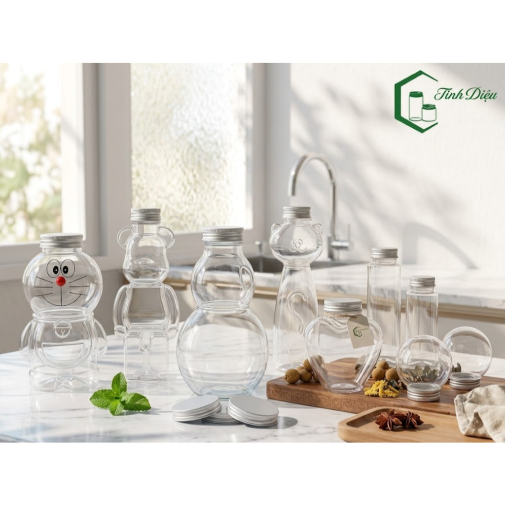 [Sỉ Tận Xưởng] Set 25 Chai Nhựa PET Nhiều Hình Dáng 300-500ml Nắp Nhôm Đựng Trà Sữa Nước Ép Cafe