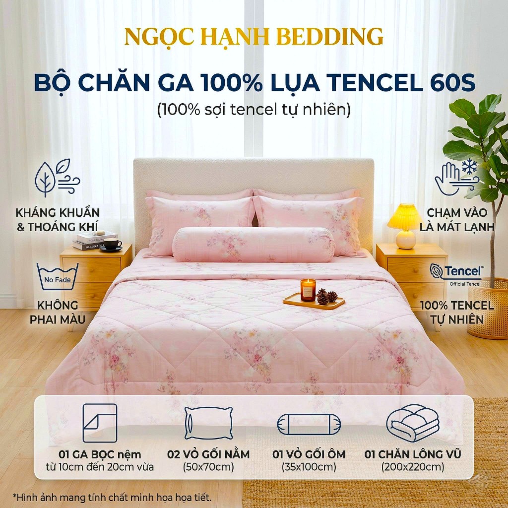 BST2 - BỘ GA LỤA TENCEL 60s MÁT LẠNH, MỀM MỊN, THOÁNG KHÍ nệm 10cm đến 20cm - Ngọc Hạnh Bedding