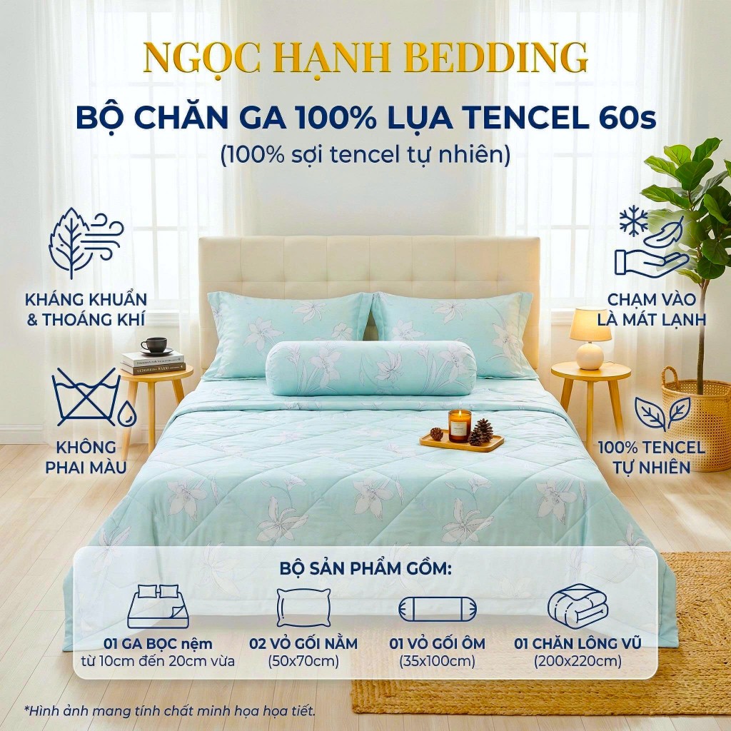 BST2 - BỘ GA LỤA TENCEL 60s MÁT LẠNH, MỀM MỊN, THOÁNG KHÍ nệm 10cm đến 20cm - Ngọc Hạnh Bedding