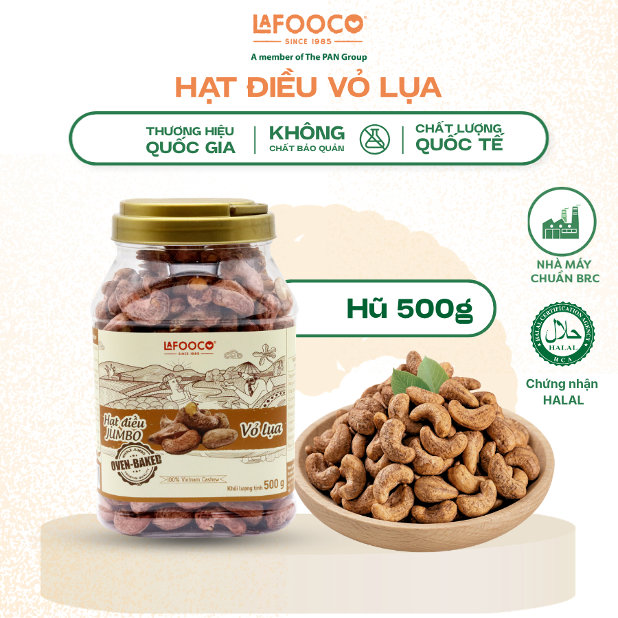 Hạt điều JUMBO vỏ lụa, rang muối, không muối 500g LAFOOCO