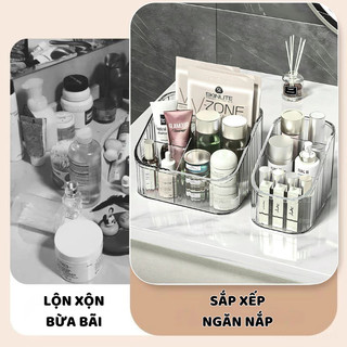 Hộp đựng mỹ phẩm, son môi, cọ trang điểm đa năng - nhựa trong kẻ sọc sang trọng