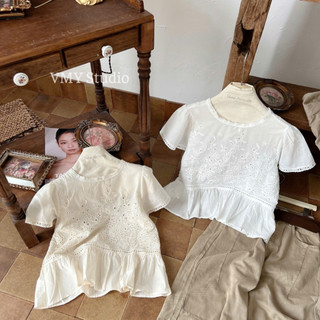 VMY Studio - Áo thun babydoll ren hoa trước ngực cổ tròn tay ngắn from xòe trẻ trung QCCC nữ