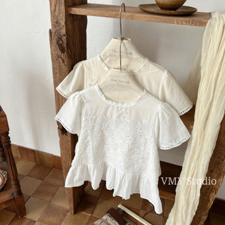 VMY Studio - Áo thun babydoll ren hoa trước ngực cổ tròn tay ngắn from xòe trẻ trung QCCC nữ