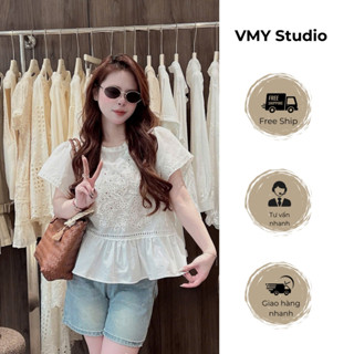 VMY Studio - Áo thun babydoll ren hoa trước ngực cổ tròn tay ngắn from xòe trẻ trung QCCC nữ