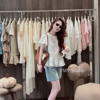 VMY Studio - Áo thun babydoll ren hoa trước ngực cổ tròn tay ngắn from xòe trẻ trung QCCC nữ
