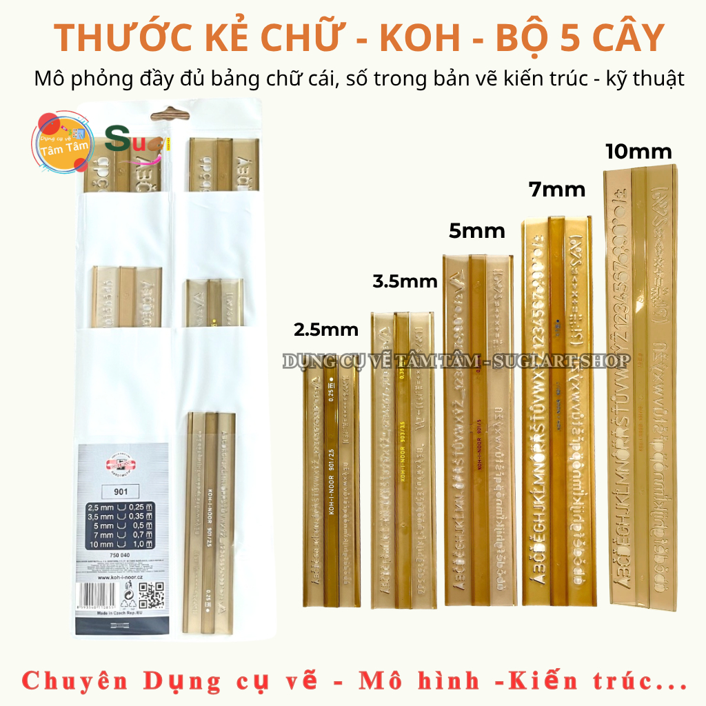 [Sugi Art Shop] Thước Chữ Koh Bộ 5 Cây  Thước Gót Chữ KOH-I-NOOR  Dụng Cụ Kẻ Chữ Kỹ Thuật, Kiến Trúc