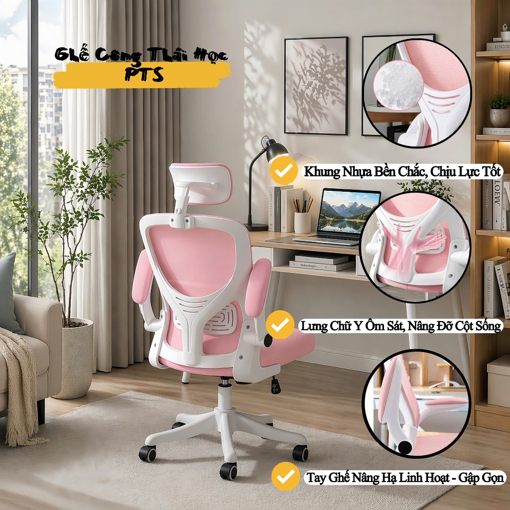 Ghế Công Thái Học {PTS01} Thiết Kế Lưng Chữ Y Nâng Đỡ Phần Thắc Lưng, Chất Liệu Vải Đặc Biệt Dễ Vệ Sinh, Đệm Ghế Mềm Mại