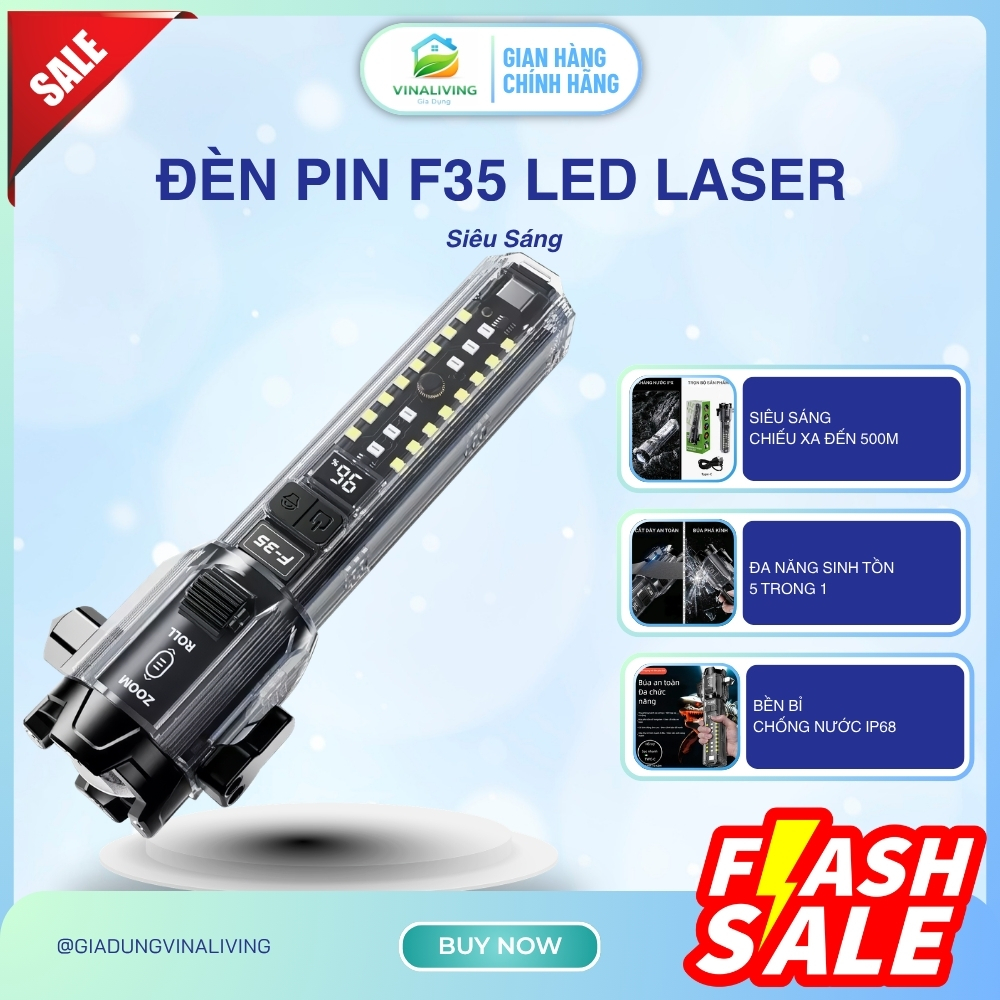 [BẢN MỚI] Đèn Pin F35 LED Laser Siêu Sáng, Đèn Sinh Tồn Đa Năng Có Còi Báo Động, Cắt Dây & Phá Kính –GIA DỤNG VINALIVING
