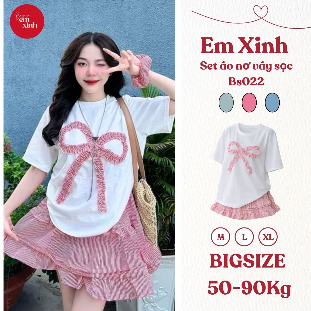 Set áo nơ váy sọc thời trang dành cho nữ bigsize form freesize - Emxinh Bs002 từ 50kg đến 90kg