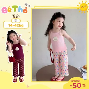 Bộ đồ bé gái chất tăm gân co giãn hoạ tiết thỏ và chấm bi dễ thương, mềm mịn thoáng mát cho bé gái đi chơi