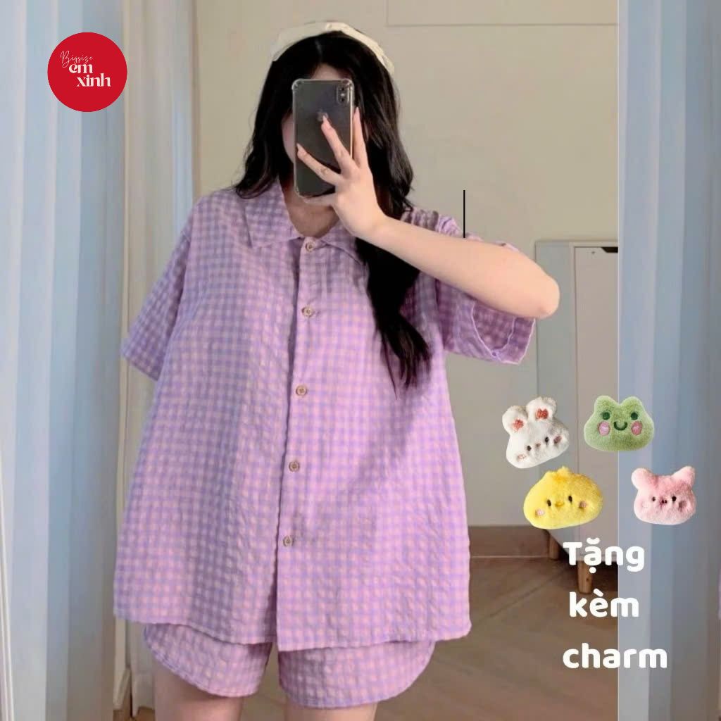 Set Đồ Bộ Piijama Caro Áo Ngắn Tay Kèm Quần Đùi Chất Cotton Dày Dặn Mát Mẽ ( Tặng Kèm Charm) -PJ009