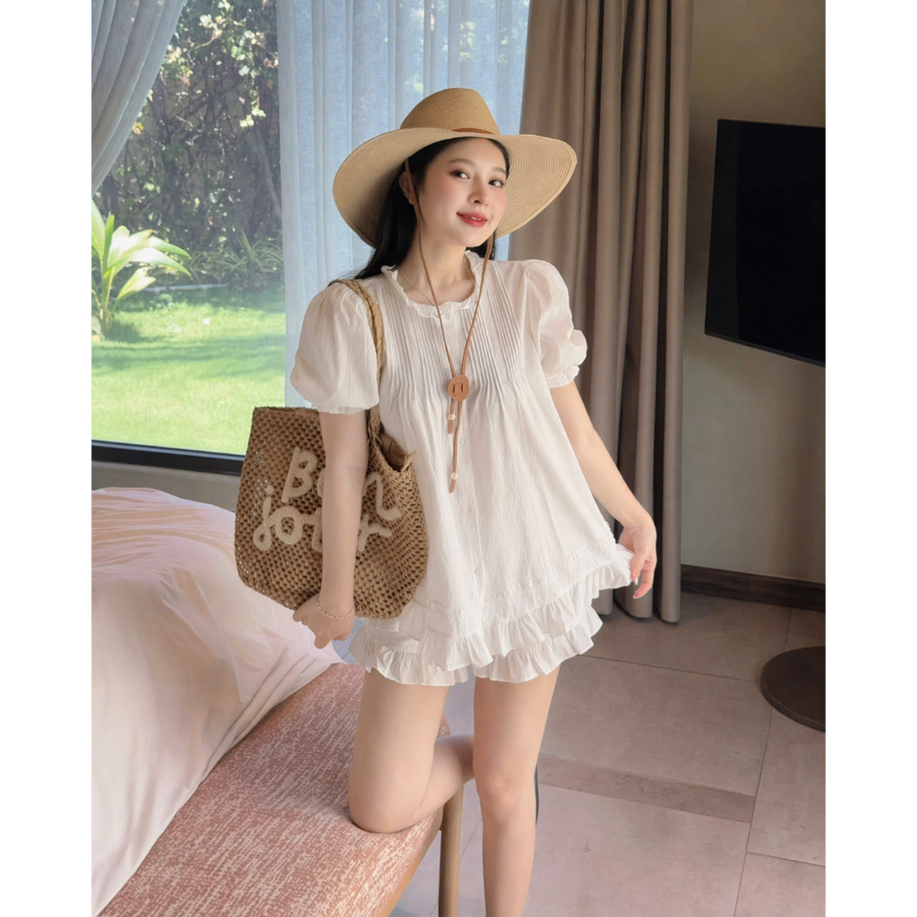 Set Đồ Nữ - Set Đồ Đi Chơi Đi Biển Dáng Hàn Tay Bồng Dáng Xòe Phối Quần Xếp Ly Nhẹ Nhàng Xinh Mê