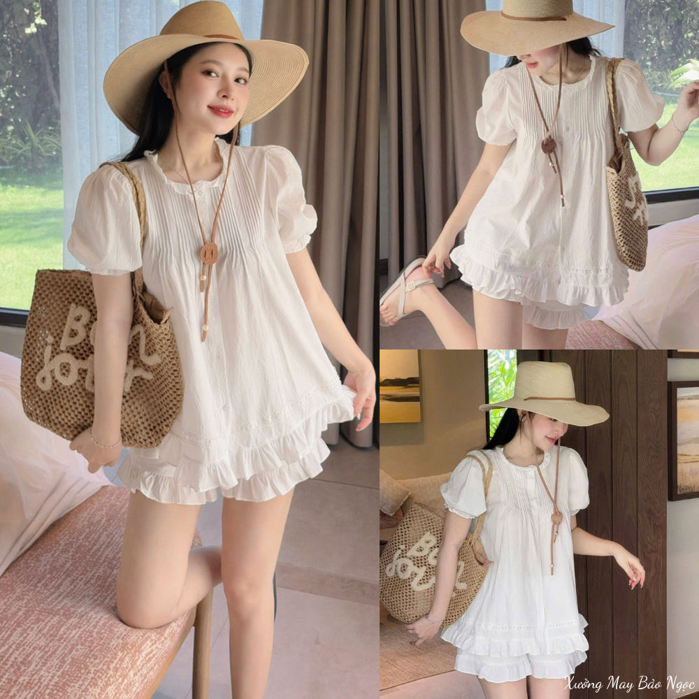 Set Đồ Nữ - Set Đồ Đi Chơi Đi Biển Dáng Hàn Tay Bồng Dáng Xòe Phối Quần Xếp Ly Nhẹ Nhàng Xinh Mê