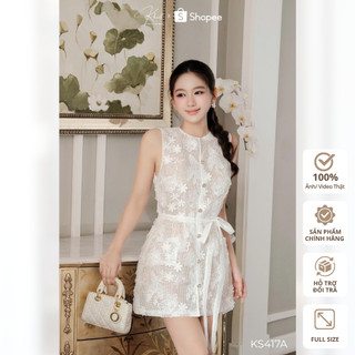 Set đầm ngắn sát nách ren hoa 3D trắng Khiết phối quần lụa ngắn bên trong & dây rời, phong cách tiệc tùng KS417A