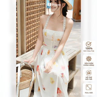 Đầm Maxi Dáng Dài Tùng Xòe Phối Dây Ren Mềm Buộc Gáy Khiết KD631