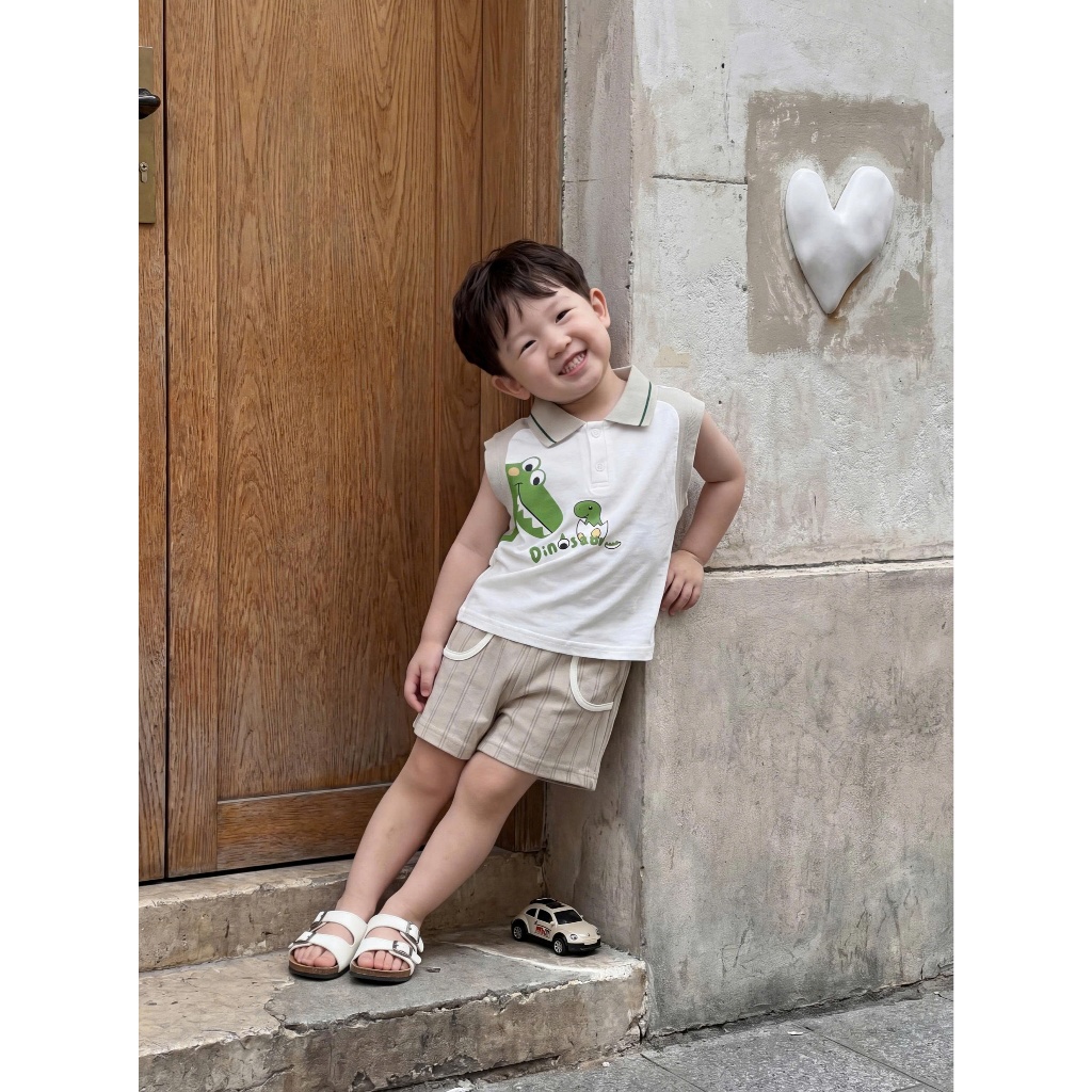 Set bộ polo cộc tay bé trai Miniumbaby dáng sát nách hình khủng long chibi, chất cotton mềm SB2656