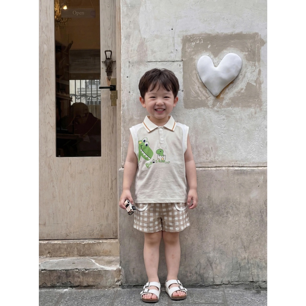 Set bộ polo cộc tay bé trai Miniumbaby dáng sát nách hình khủng long chibi, chất cotton mềm SB2656