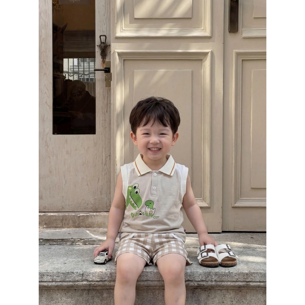 Set bộ polo cộc tay bé trai Miniumbaby dáng sát nách hình khủng long chibi, chất cotton mềm SB2656