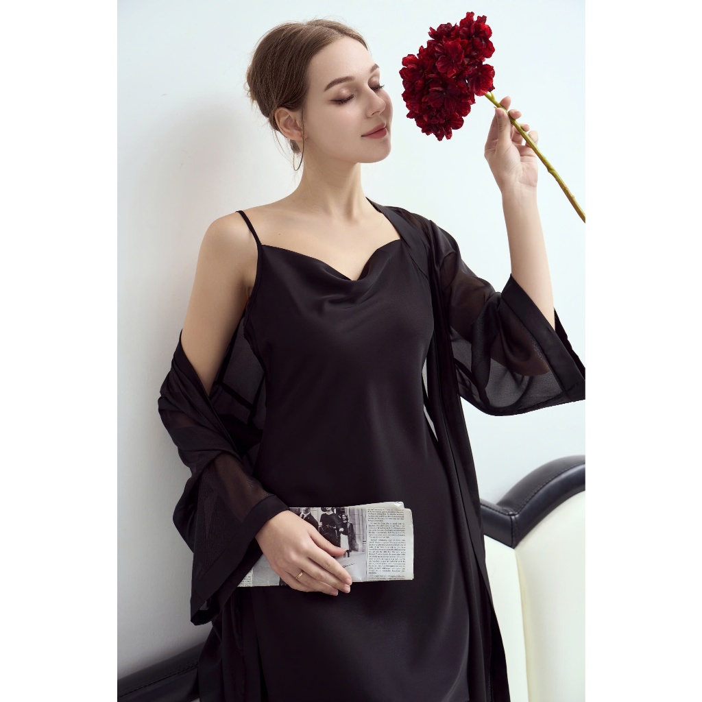 Váy Lụa 2 dây Sexy & áo choàng chất lụa Latin cao cấp mềm mịn Set ngủ 2 dây kèm đai chiết eo - V08