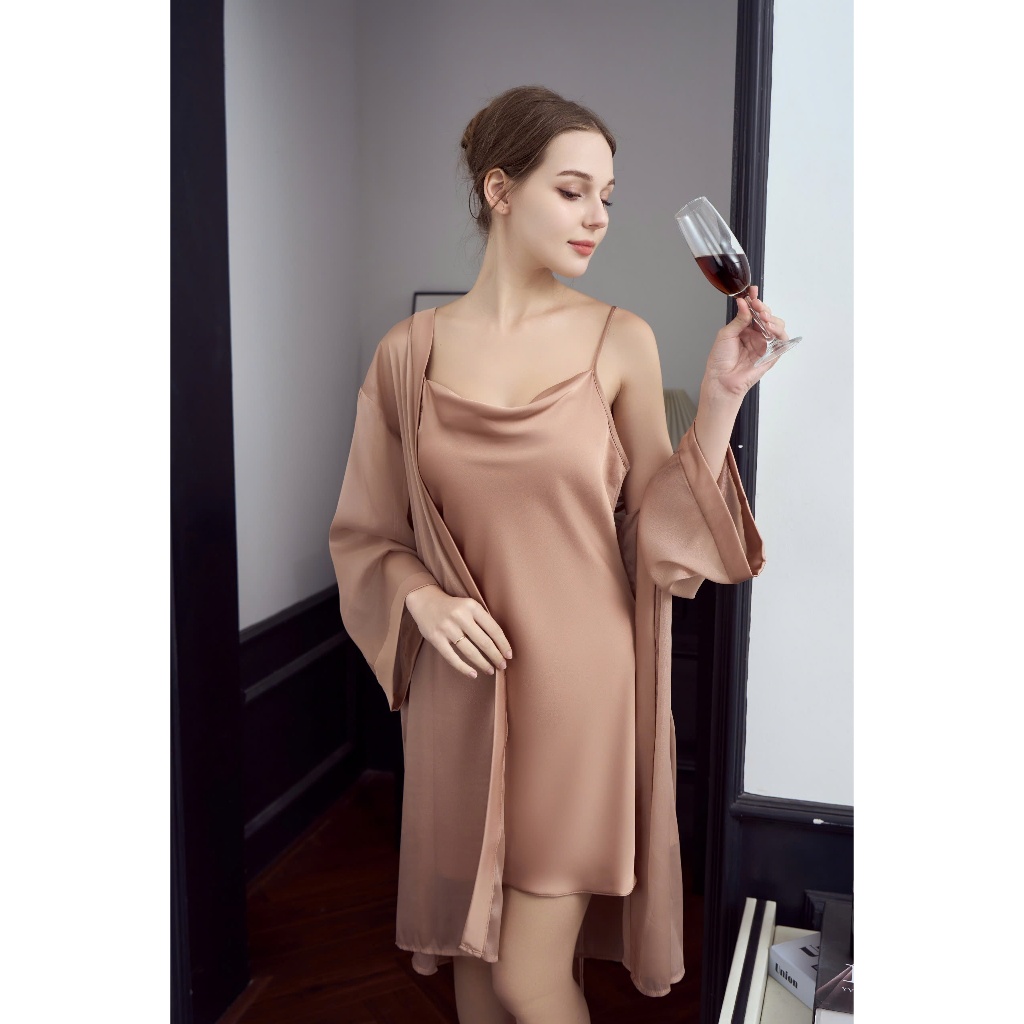 Váy Lụa 2 dây Sexy & áo choàng chất lụa Latin cao cấp mềm mịn Set ngủ 2 dây kèm đai chiết eo - V08
