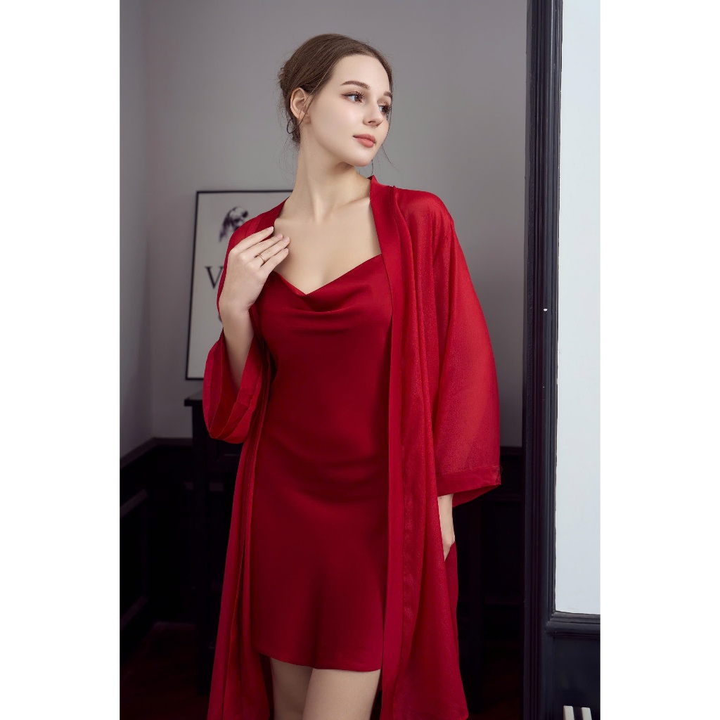Váy Lụa 2 dây Sexy & áo choàng chất lụa Latin cao cấp mềm mịn Set ngủ 2 dây kèm đai chiết eo - V08