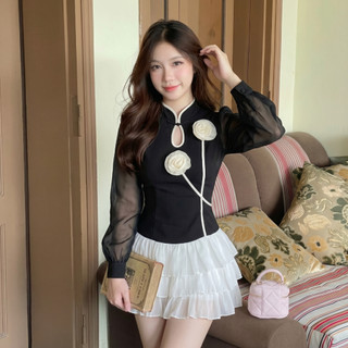 Áo Thun Kiểu Nữ Phối Họa Tiết Đính Hoa Nổi Cổ Tròn Thanh Lịch Tiểu Thư | 453
