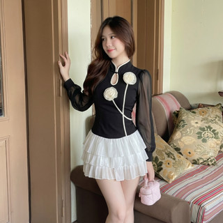 Áo Thun Kiểu Nữ Phối Họa Tiết Đính Hoa Nổi Cổ Tròn Thanh Lịch Tiểu Thư | 453