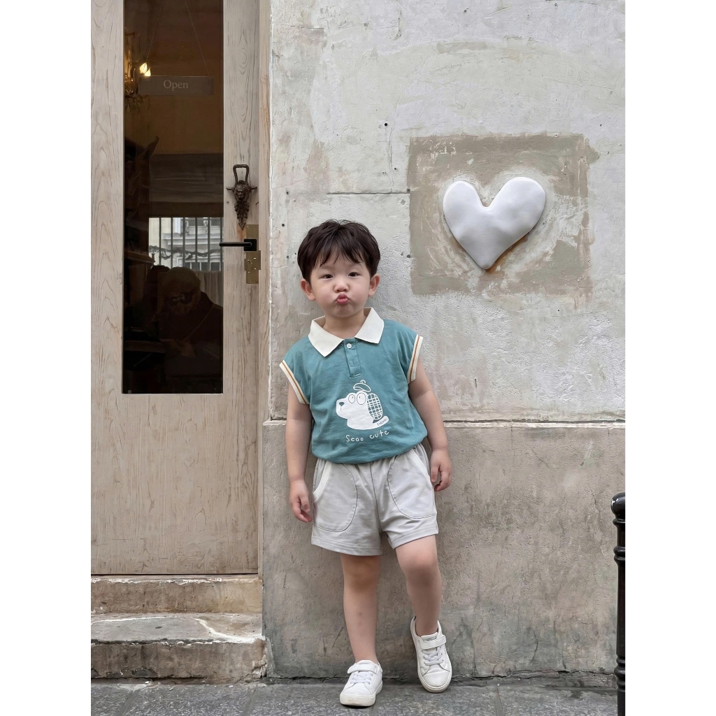 Set bộ polo cộc tay bé trai Miniumbaby in hình cún dáng tay dơi thoáng mát, chất cotton mềm SB2725